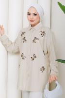 Vêtements hijab BEIGE TUNIQUE EN COTON BRODÉE DE PERLES T 9620