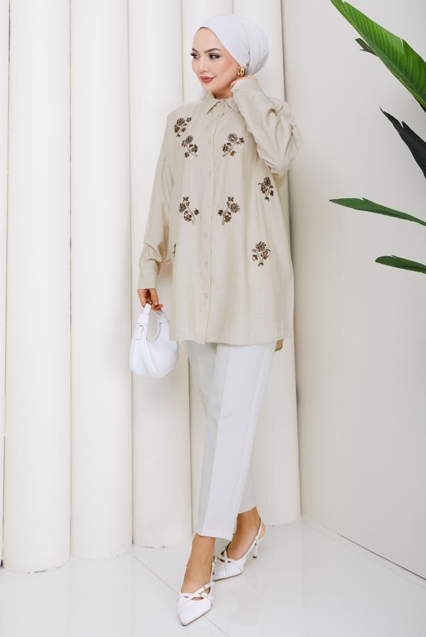 Vêtements hijab BEIGE TUNIQUE EN COTON BRODÉE DE PERLES T 9620 - TRENDTESETTÜR