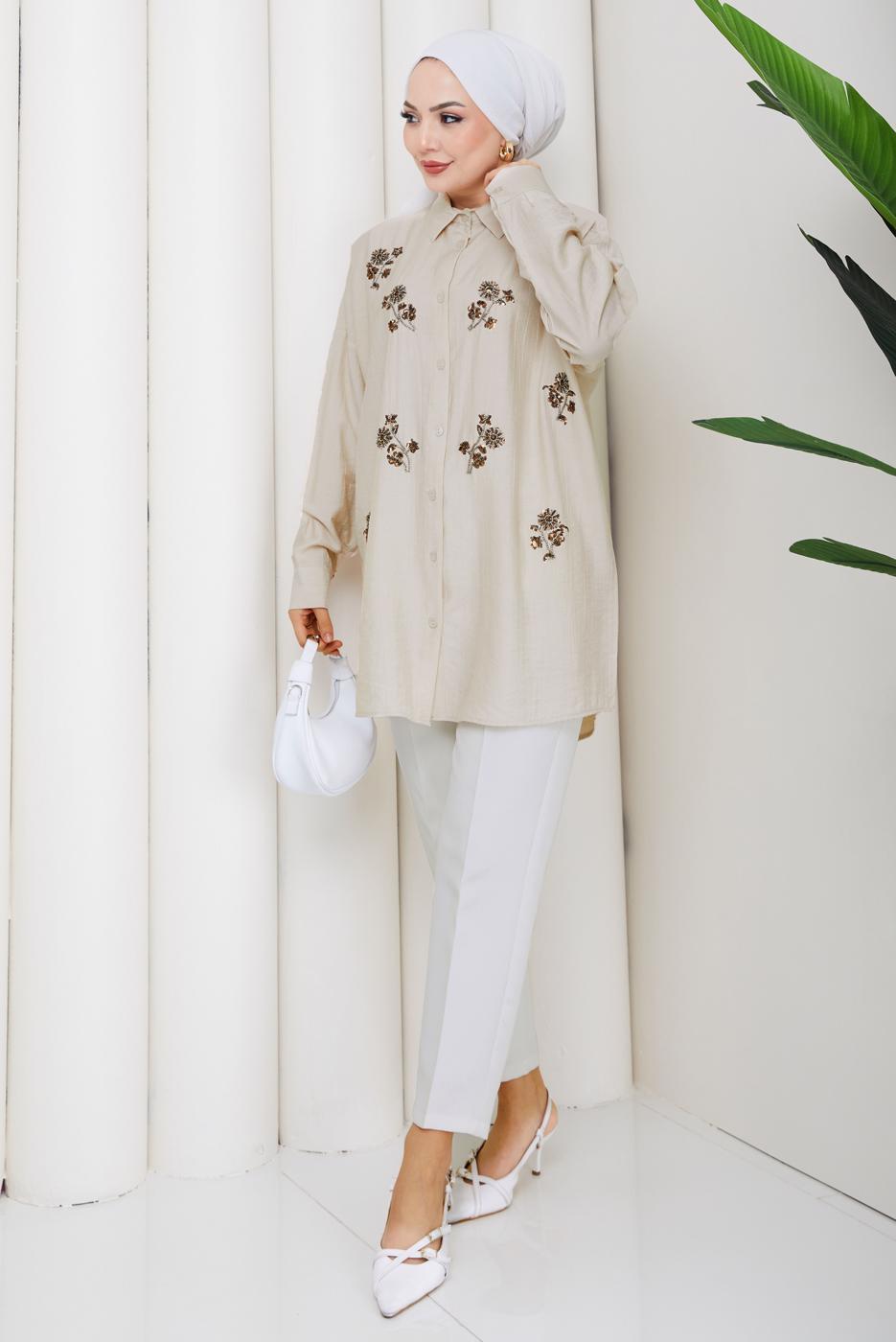 Vêtements hijab BEIGE TUNIQUE EN COTON BRODÉE DE PERLES T 9620