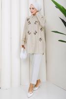 Vêtements hijab BEIGE TUNIQUE EN COTON BRODÉE DE PERLES T 9620