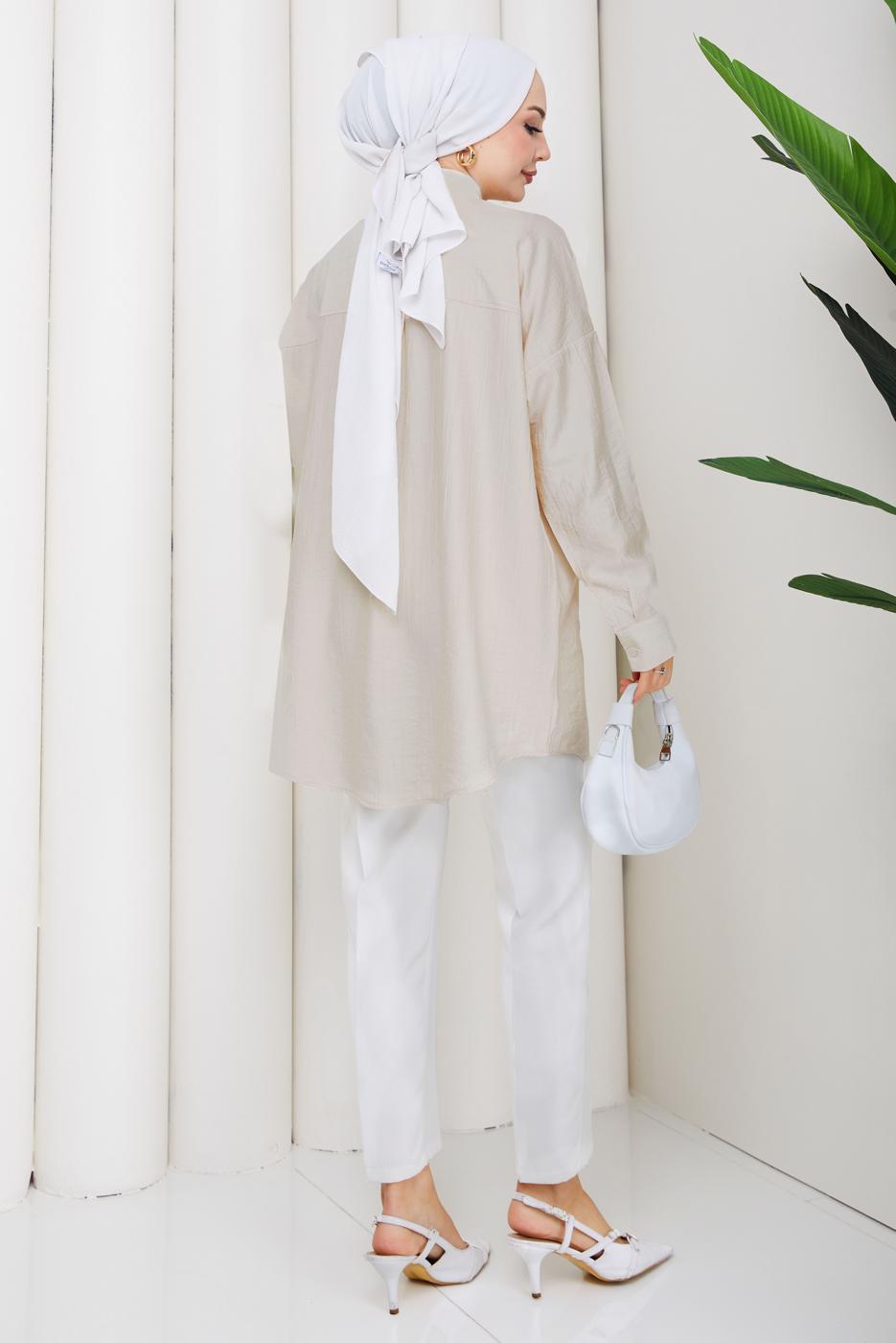 Vêtements hijab BEIGE TUNIQUE EN COTON BRODÉE DE PERLES T 9620