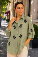 Vêtements hijab KAKI TUNIQUE EN COTON BRODÉE DE PERLES T 9620