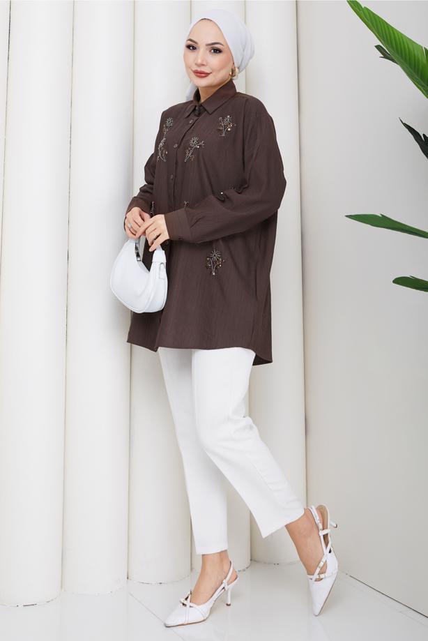 Vêtements hijab BRUN TUNIQUE EN COTON BRODÉE DE PERLES T 9620 - TRENDTESETTÜR