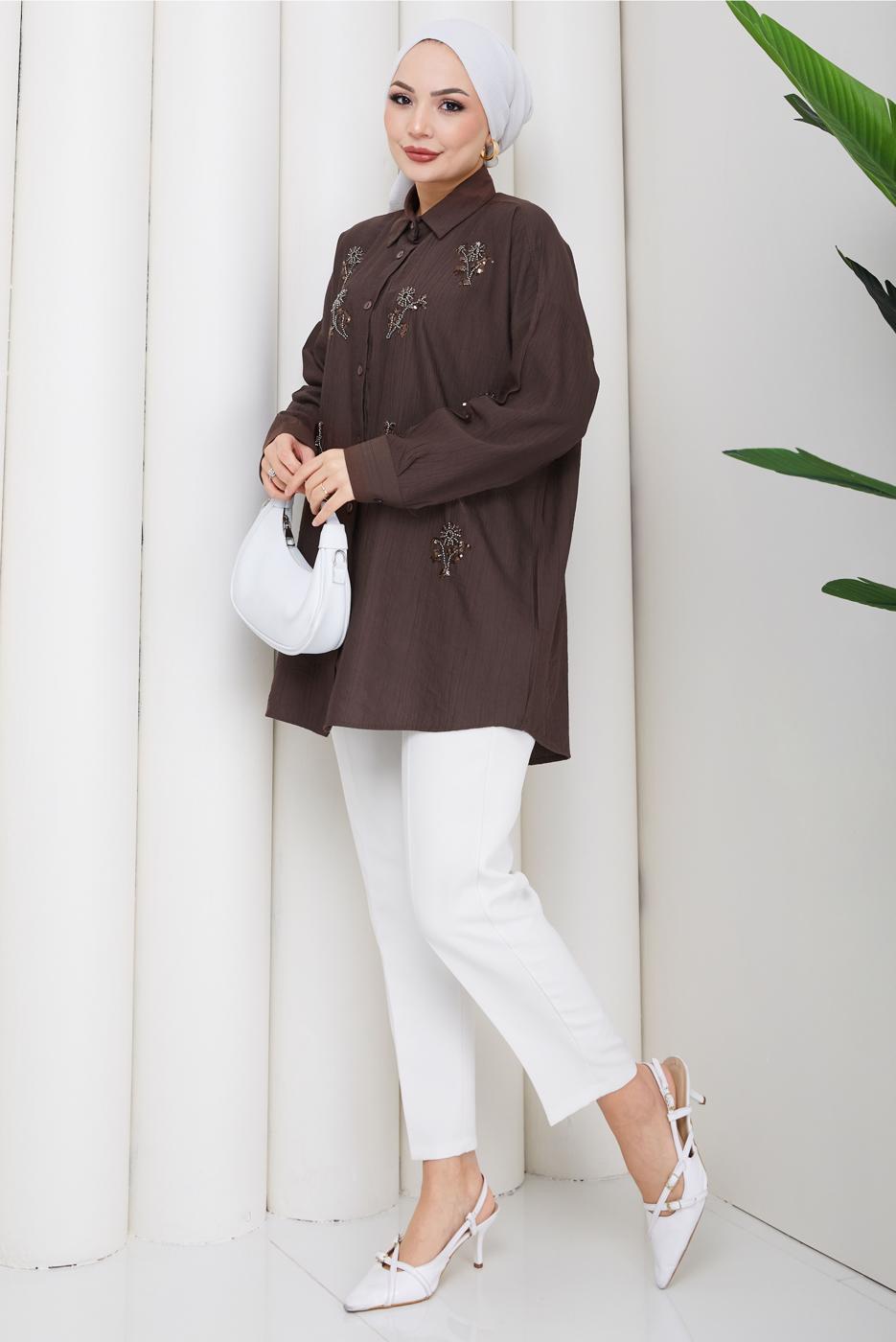 Vêtements hijab BRUN TUNIQUE EN COTON BRODÉE DE PERLES T 9620