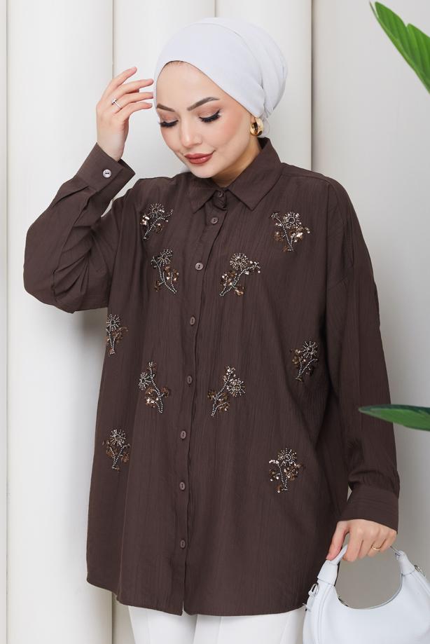 Vêtements hijab BRUN TUNIQUE EN COTON BRODÉE DE PERLES T 9620 - TRENDTESETTÜR