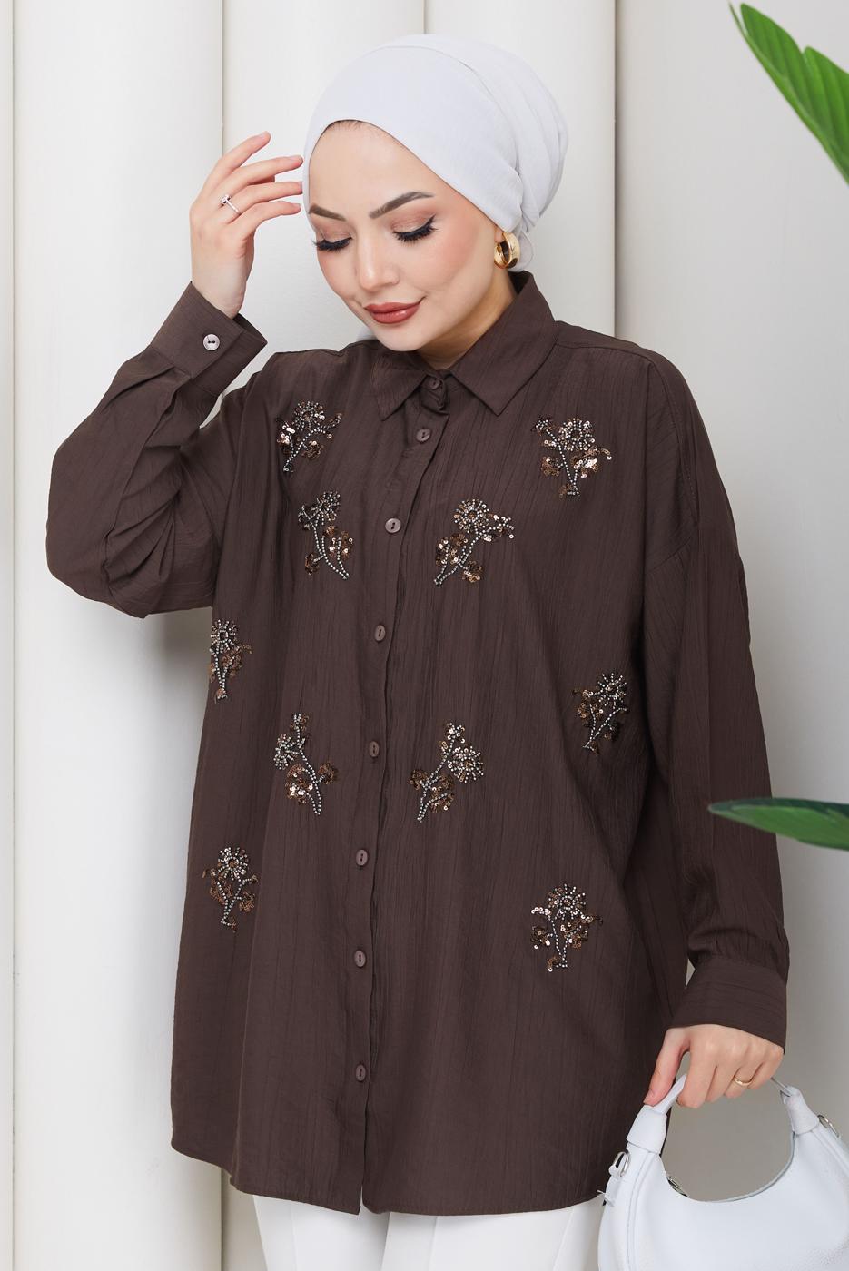 Vêtements hijab BRUN TUNIQUE EN COTON BRODÉE DE PERLES T 9620