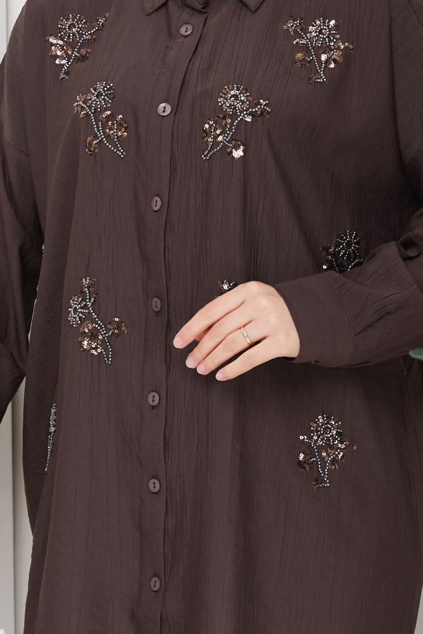 Vêtements hijab BRUN TUNIQUE EN COTON BRODÉE DE PERLES T 9620 - TRENDTESETTÜR
