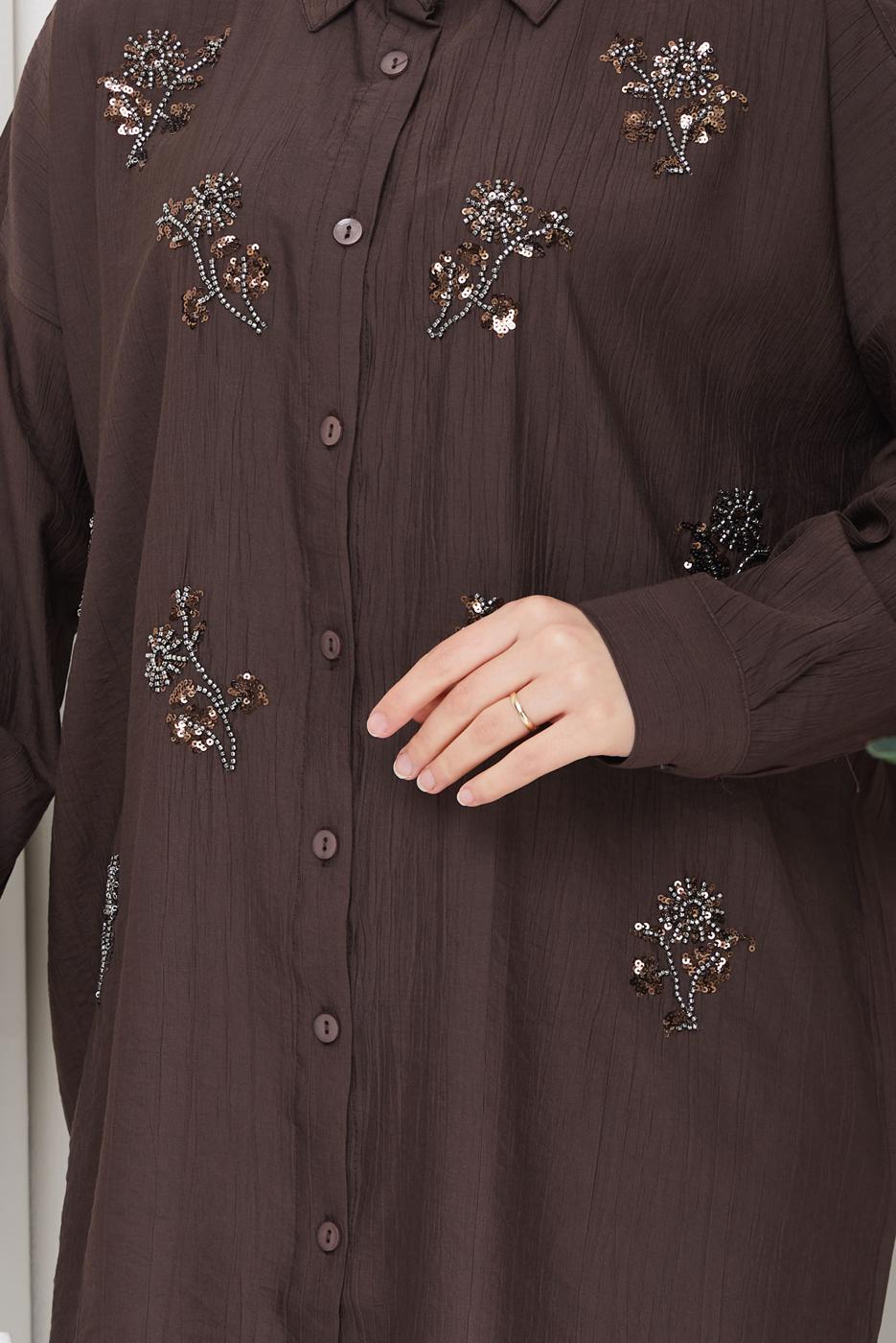 Vêtements hijab BRUN TUNIQUE EN COTON BRODÉE DE PERLES T 9620