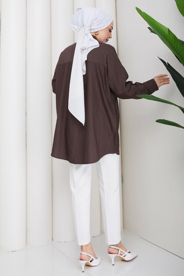 Vêtements hijab BRUN TUNIQUE EN COTON BRODÉE DE PERLES T 9620 - TRENDTESETTÜR