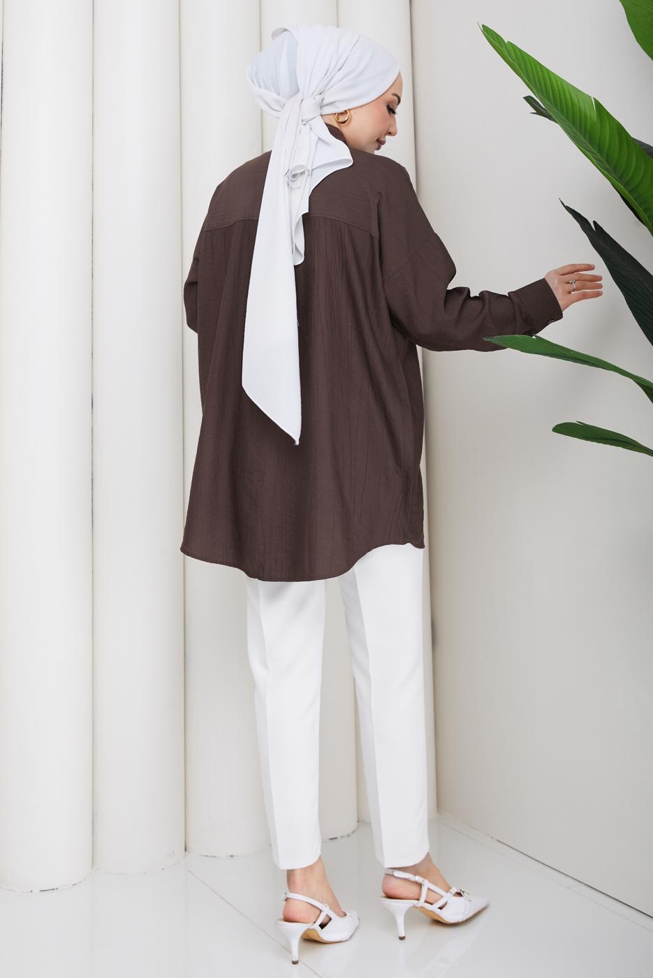 Vêtements hijab BRUN TUNIQUE EN COTON BRODÉE DE PERLES T 9620