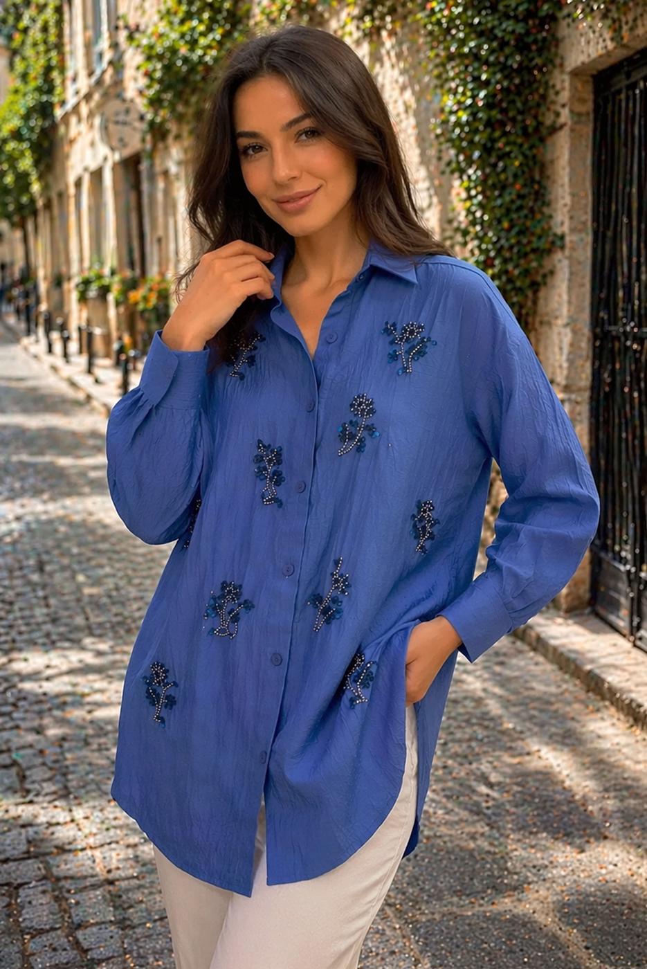 Vêtements hijab BLEU MARINE TUNIQUE EN COTON BRODÉE DE PERLES T 9620