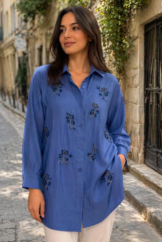 Vêtements hijab BLEU MARINE TUNIQUE EN COTON BRODÉE DE PERLES T 9620 - TRENDTESETTÜR