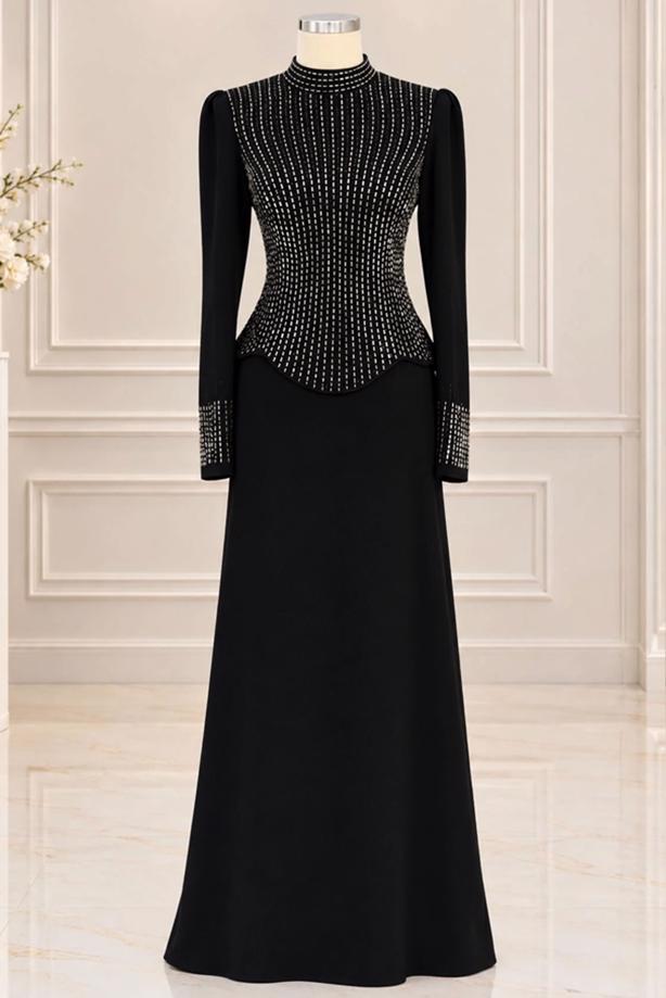 Vêtements hijab NOIR ROBE DE SOIRÉE DÉTAIL GEMME T 2641 - TRENDTESETTÜR