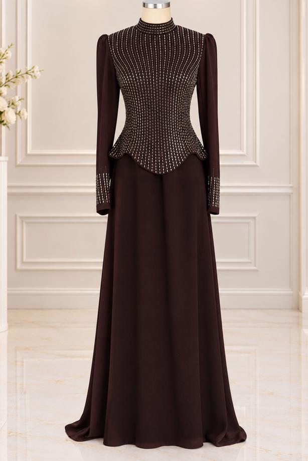 Vêtements hijab BRUN ROBE DE SOIRÉE DÉTAIL GEMME T 2641 - TRENDTESETTÜR