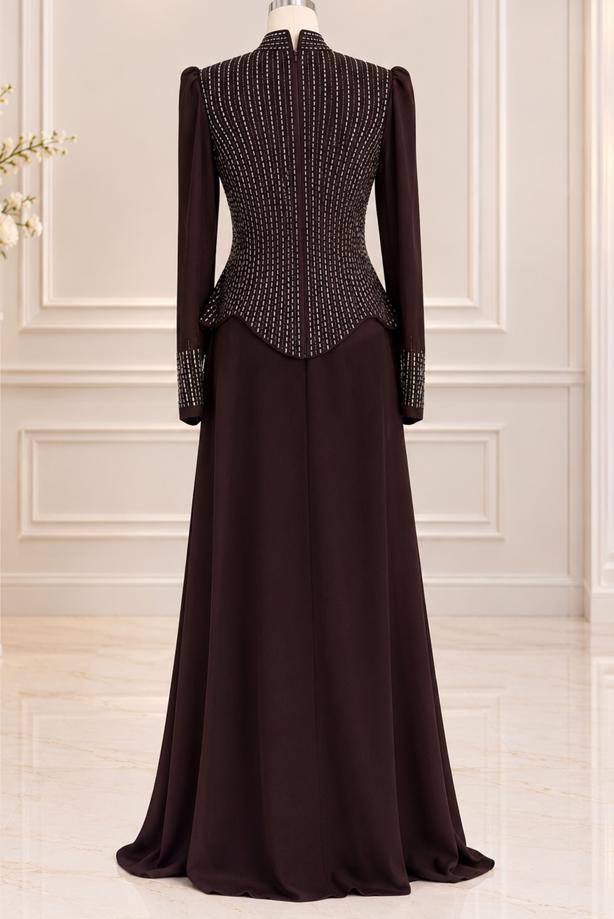 Vêtements hijab BRUN ROBE DE SOIRÉE DÉTAIL GEMME T 2641 - TRENDTESETTÜR