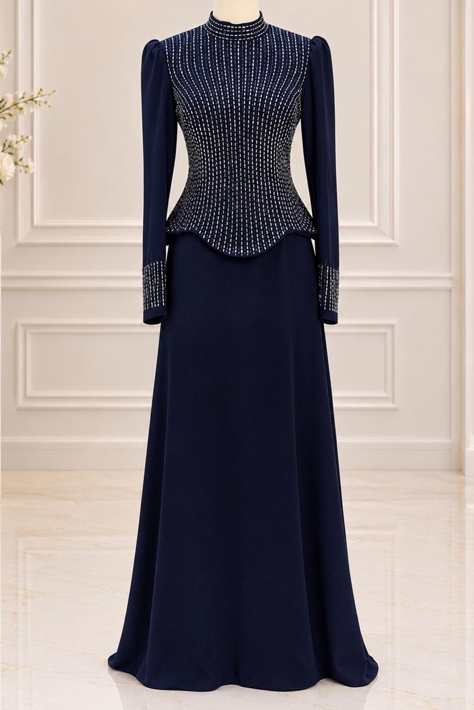 Vêtements hijab BLEU MARINE ROBE DE SOIRÉE DÉTAIL GEMME T 2641