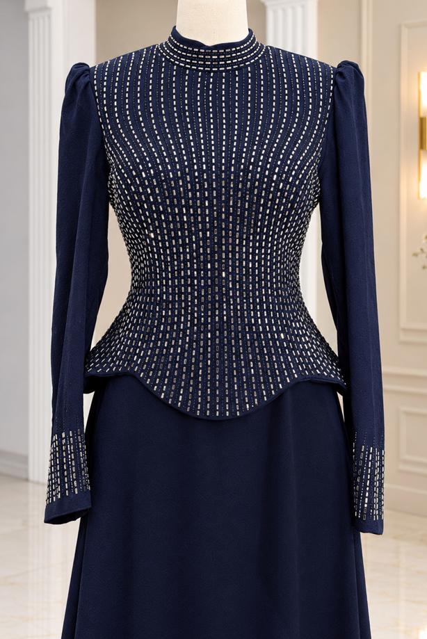 Vêtements hijab BLEU MARINE ROBE DE SOIRÉE DÉTAIL GEMME T 2641 - TRENDTESETTÜR