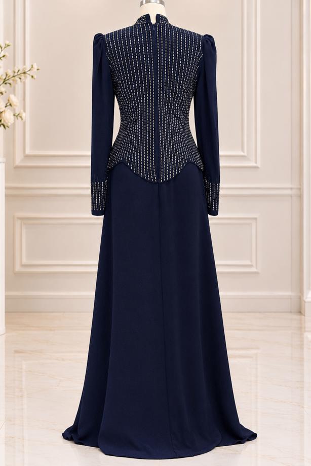 Vêtements hijab BLEU MARINE ROBE DE SOIRÉE DÉTAIL GEMME T 2641 - TRENDTESETTÜR