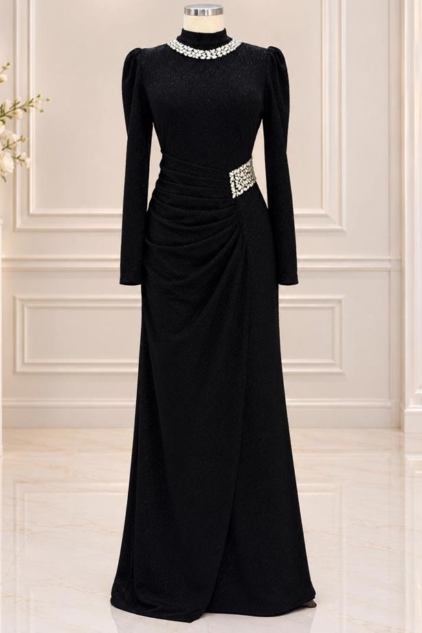 Vêtements hijab NOIR ROBE DE SOIRÉE DÉTAIL GEMME T 4541 - TRENDTESETTÜR