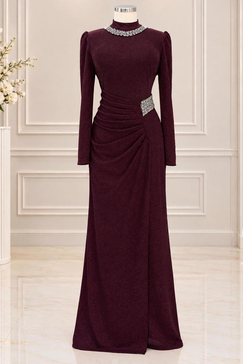 Vêtements hijab ROUGE BORDEAUX ROBE DE SOIRÉE DÉTAIL GEMME T 4541