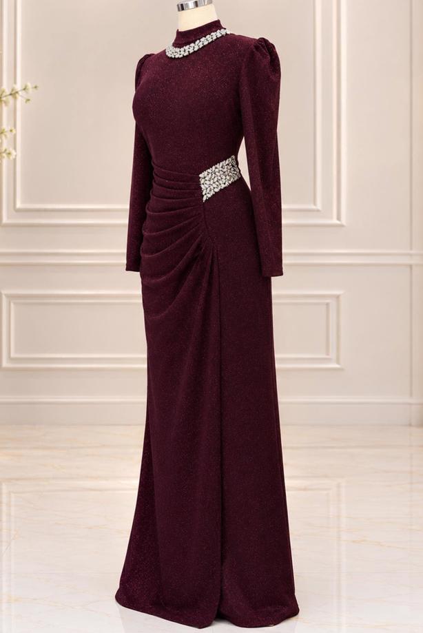 Vêtements hijab ROUGE BORDEAUX ROBE DE SOIRÉE DÉTAIL GEMME T 4541 - TRENDTESETTÜR