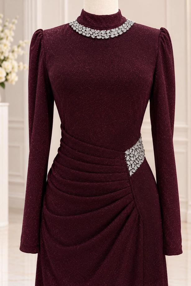 Vêtements hijab ROUGE BORDEAUX ROBE DE SOIRÉE DÉTAIL GEMME T 4541 - TRENDTESETTÜR