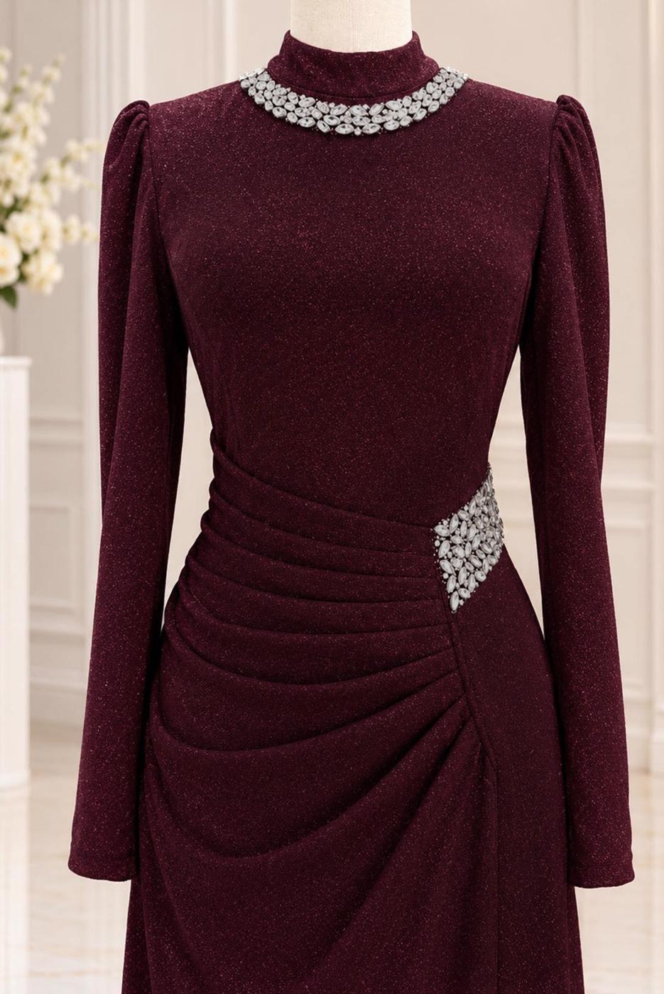 Vêtements hijab ROUGE BORDEAUX ROBE DE SOIRÉE DÉTAIL GEMME T 4541