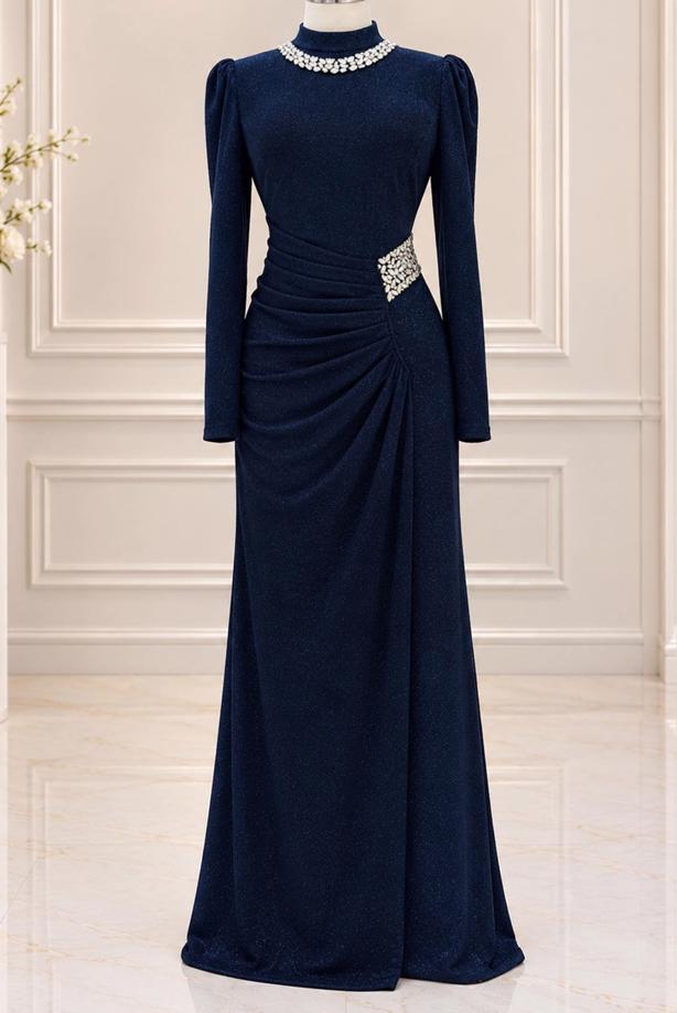 Vêtements hijab BLEU MARINE ROBE DE SOIRÉE DÉTAIL GEMME T 4541 - TRENDTESETTÜR