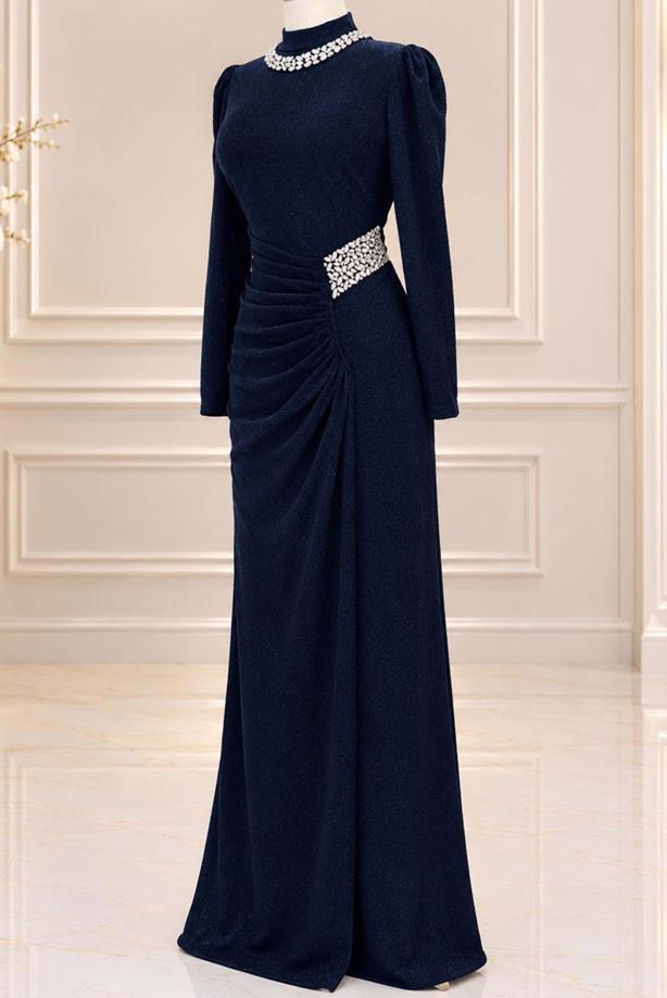 Vêtements hijab BLEU MARINE ROBE DE SOIRÉE DÉTAIL GEMME T 4541 - TRENDTESETTÜR