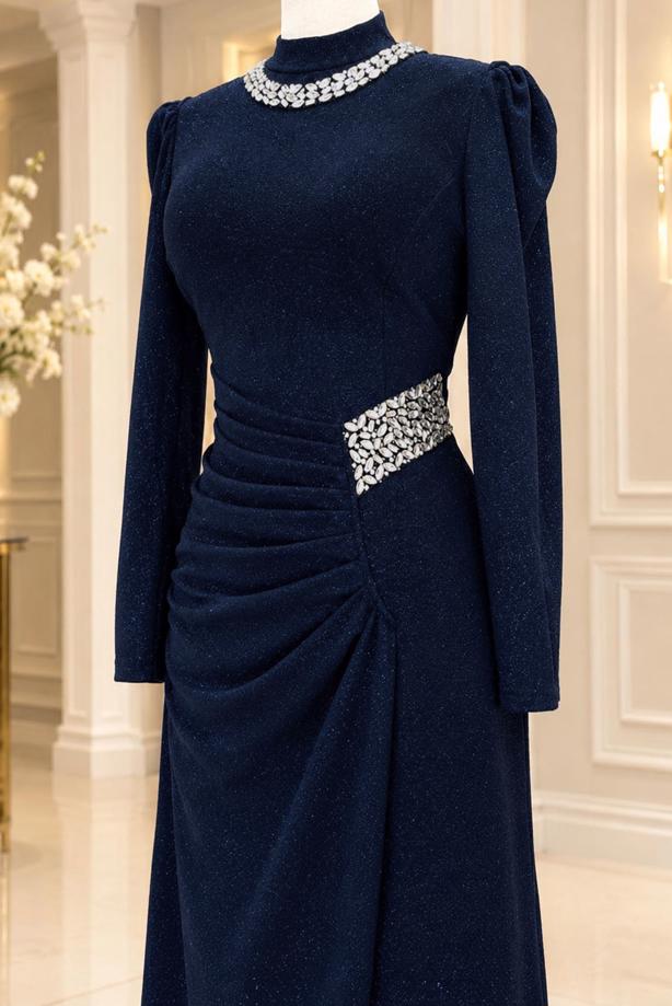 Vêtements hijab BLEU MARINE ROBE DE SOIRÉE DÉTAIL GEMME T 4541 - TRENDTESETTÜR