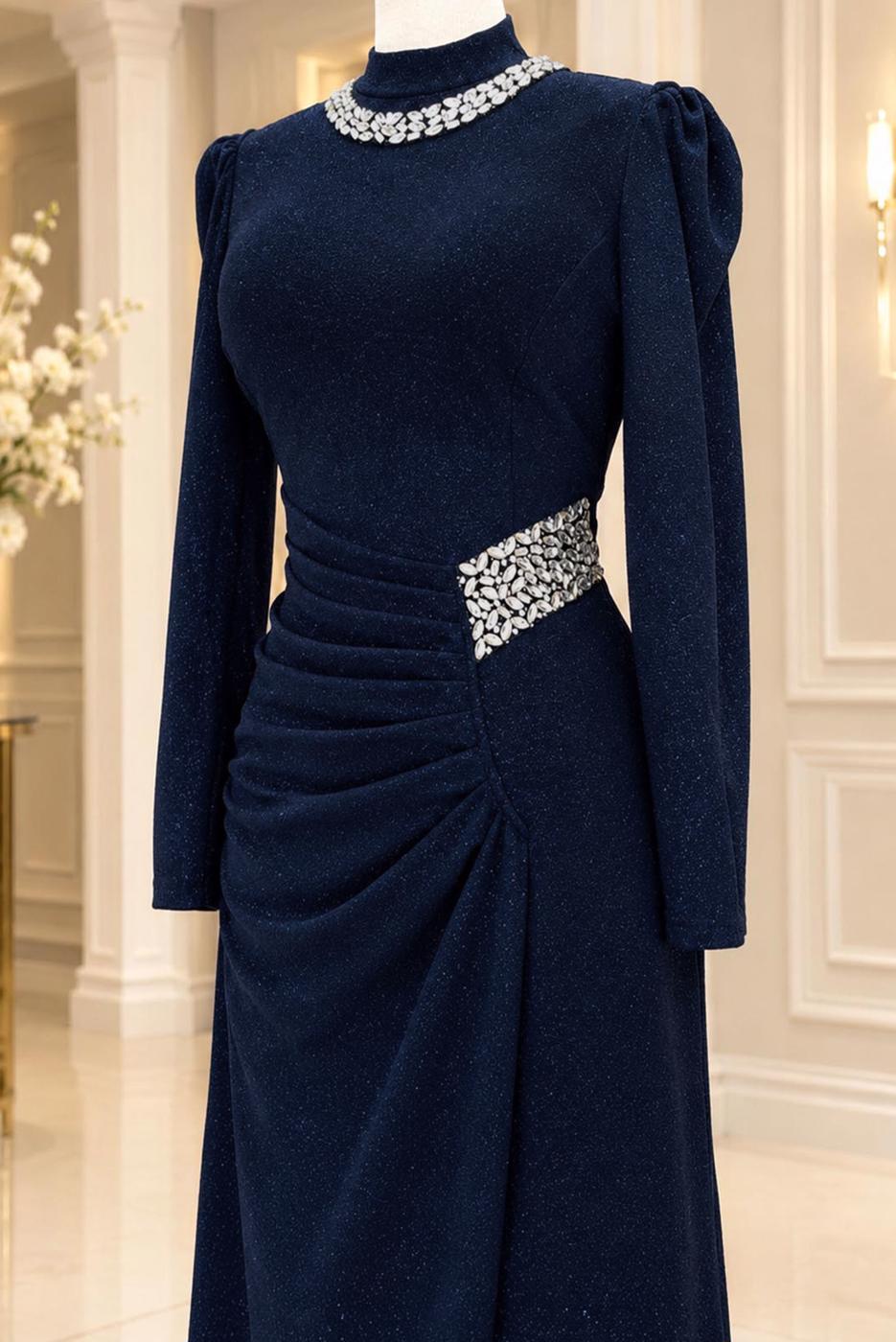 Vêtements hijab BLEU MARINE ROBE DE SOIRÉE DÉTAIL GEMME T 4541