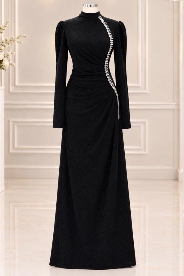 Vêtements hijab NOIR ROBE DE SOIRÉE DÉTAIL GEMME T 4731 - TRENDTESETTÜR