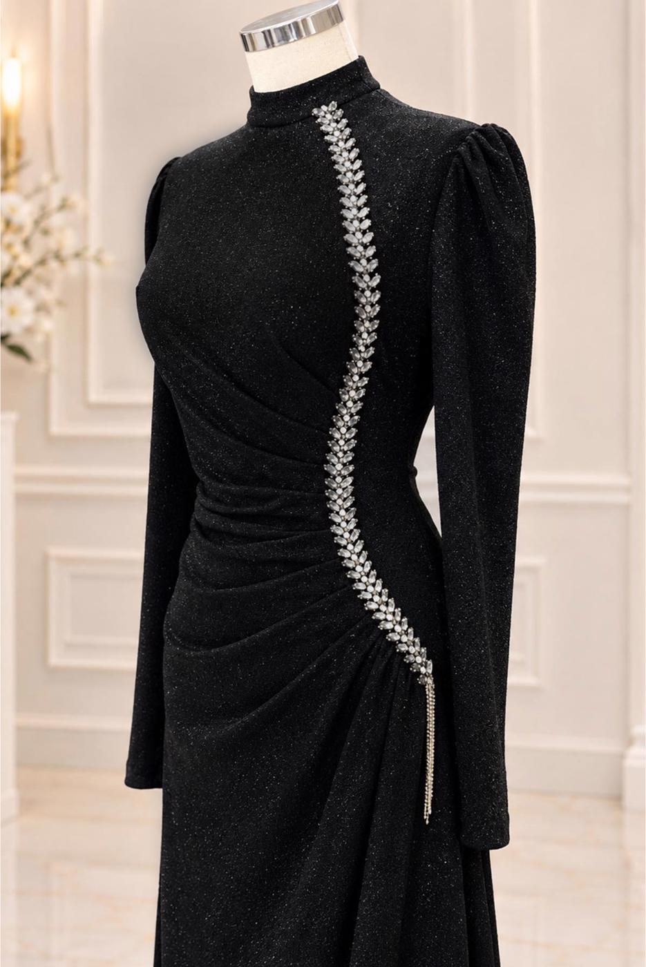 Vêtements hijab NOIR ROBE DE SOIRÉE DÉTAIL GEMME T 4731