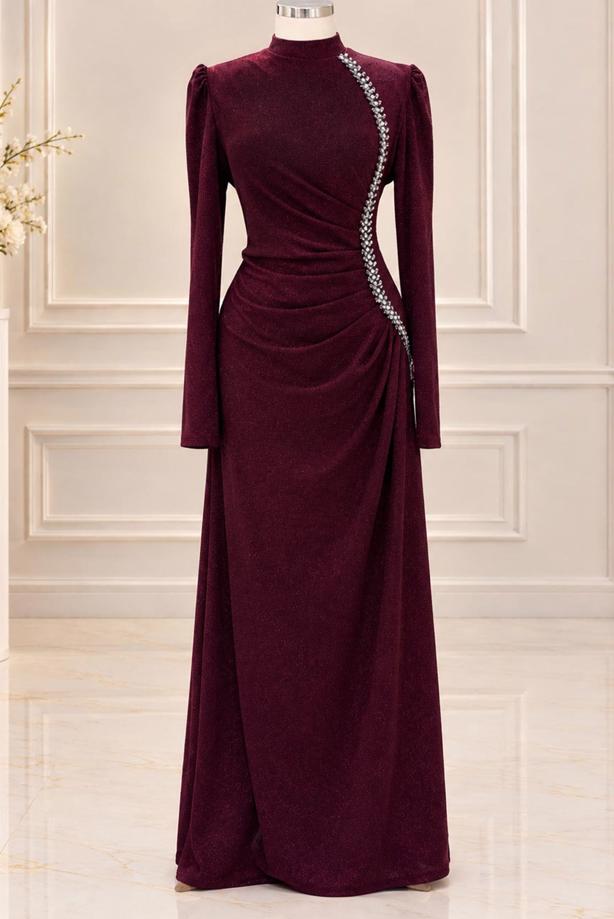 Vêtements hijab ROUGE BORDEAUX ROBE DE SOIRÉE DÉTAIL GEMME T 4731 - TRENDTESETTÜR