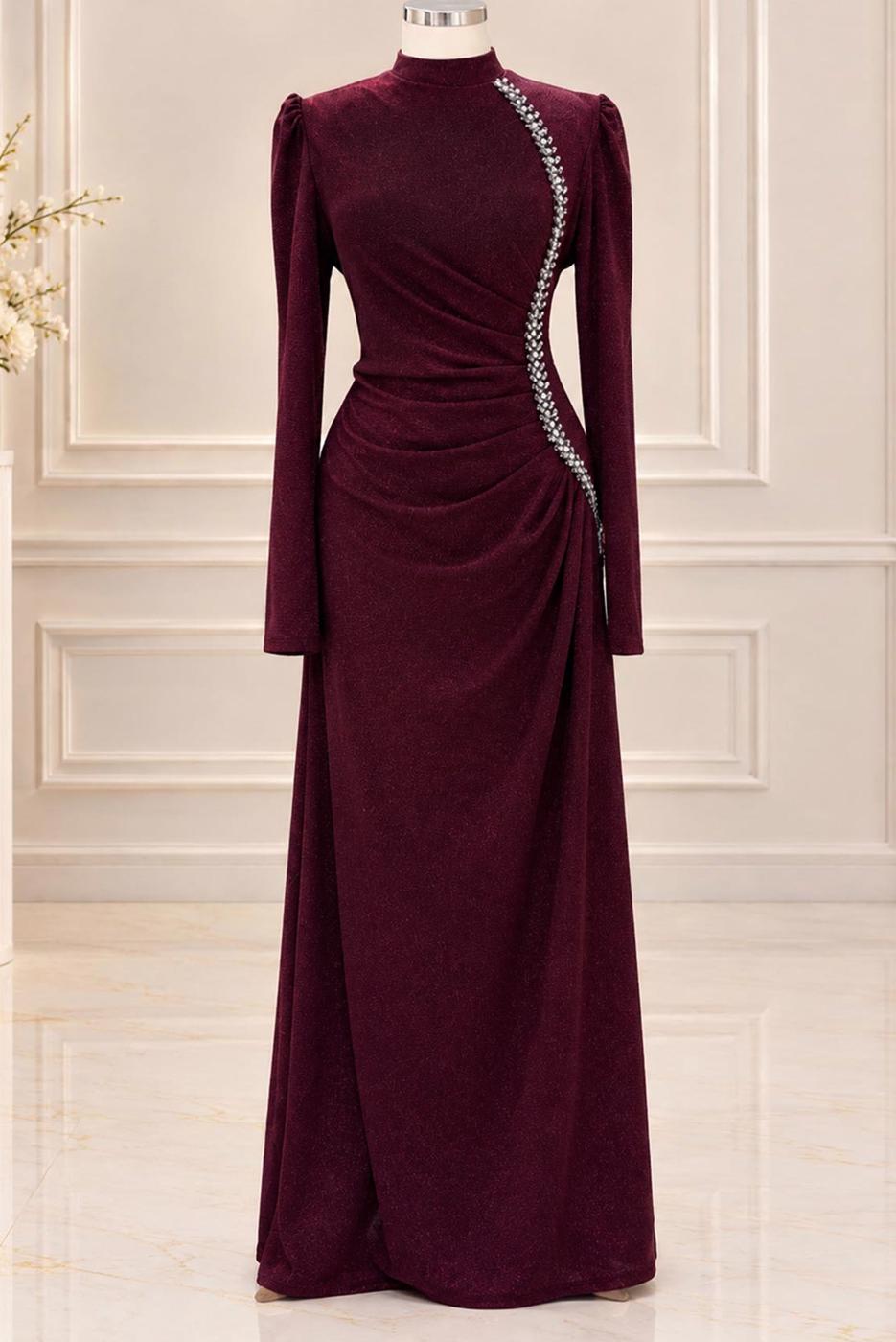 Vêtements hijab ROUGE BORDEAUX ROBE DE SOIRÉE DÉTAIL GEMME T 4731