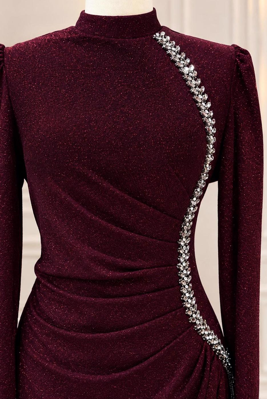 Vêtements hijab ROUGE BORDEAUX ROBE DE SOIRÉE DÉTAIL GEMME T 4731