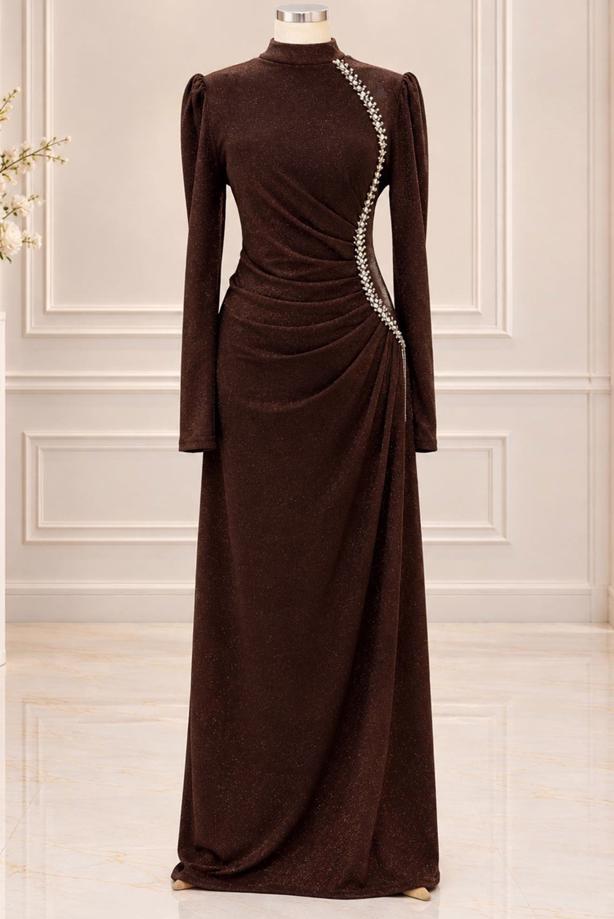 Vêtements hijab BRUN ROBE DE SOIRÉE DÉTAIL GEMME T 4731 - TRENDTESETTÜR