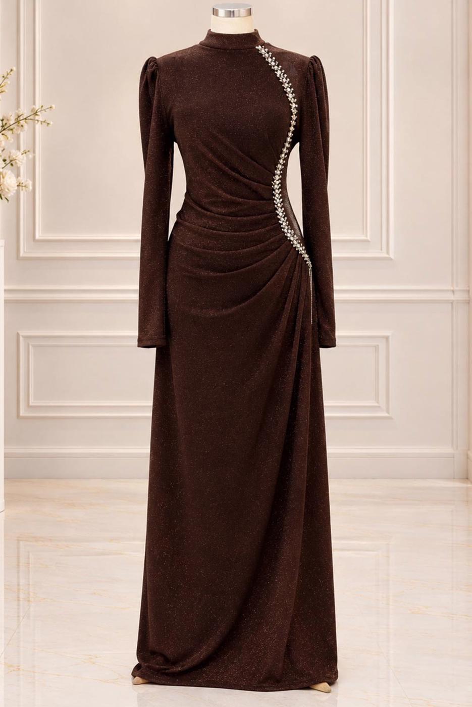 Vêtements hijab BRUN ROBE DE SOIRÉE DÉTAIL GEMME T 4731