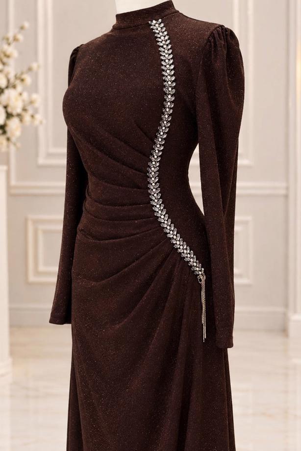 Vêtements hijab BRUN ROBE DE SOIRÉE DÉTAIL GEMME T 4731 - TRENDTESETTÜR