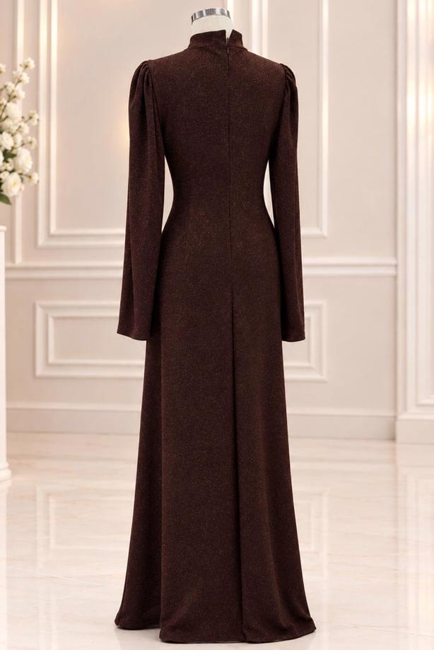 Vêtements hijab BRUN ROBE DE SOIRÉE DÉTAIL GEMME T 4731 - TRENDTESETTÜR