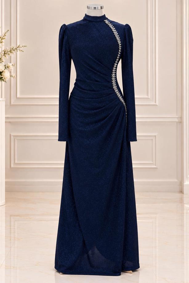 Vêtements hijab BLEU MARINE ROBE DE SOIRÉE DÉTAIL GEMME T 4731 - TRENDTESETTÜR