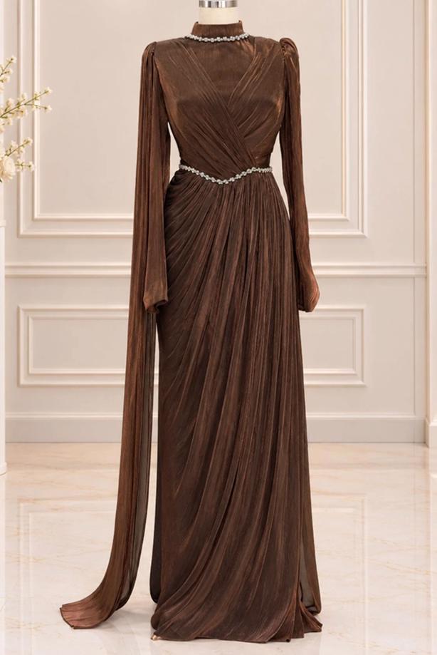 Vêtements hijab BRUN ROBE DE SOIRÉE DRAPÉE T 4863 - TRENDTESETTÜR