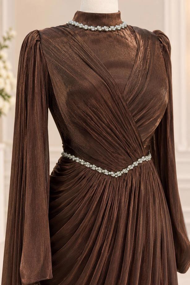Vêtements hijab BRUN ROBE DE SOIRÉE DRAPÉE T 4863 - TRENDTESETTÜR