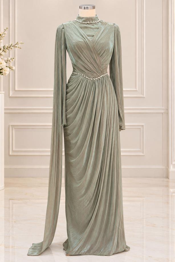 Vêtements hijab VERT ROBE DE SOIRÉE DRAPÉE T 4863 - TRENDTESETTÜR