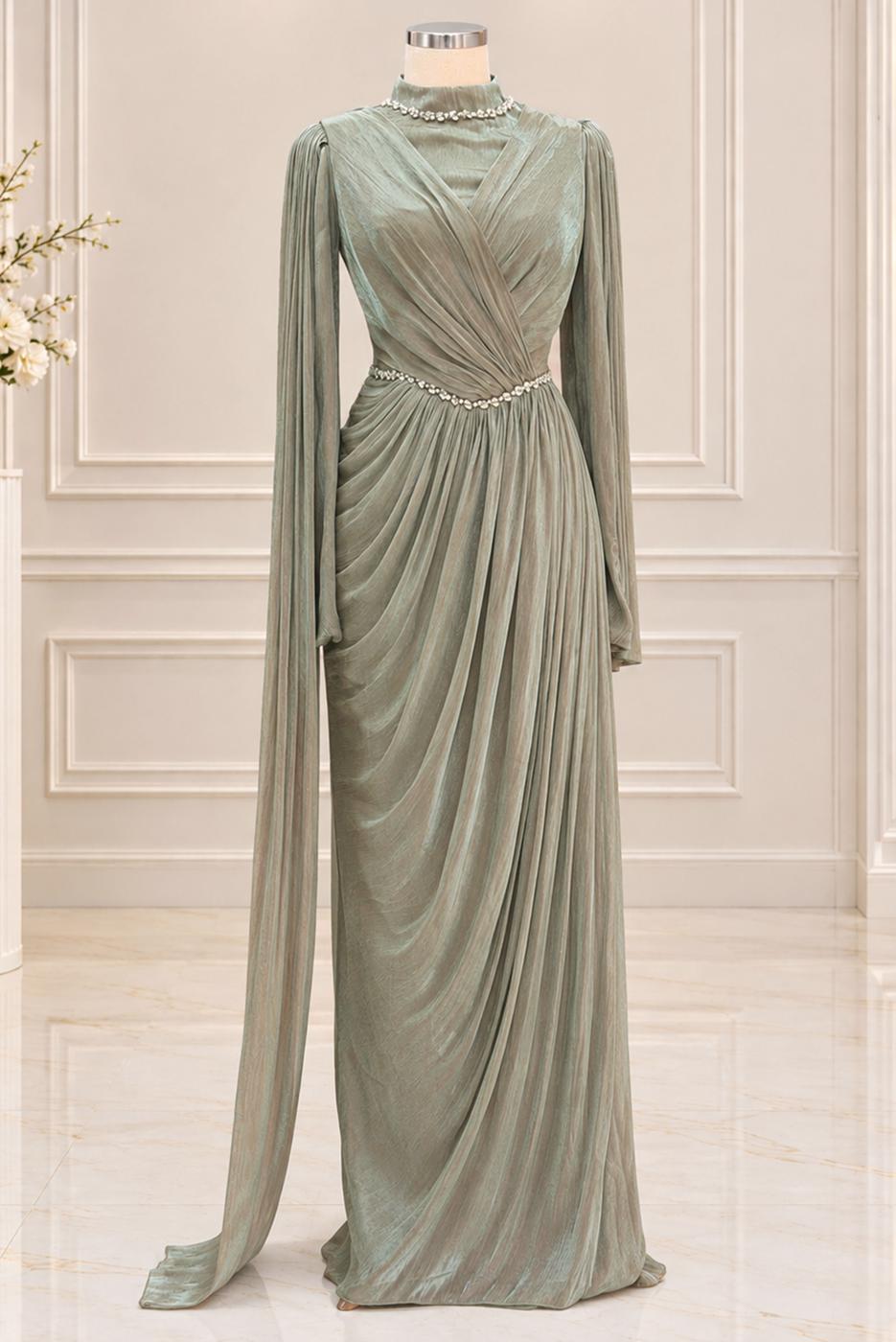 Vêtements hijab VERT ROBE DE SOIRÉE DRAPÉE T 4863
