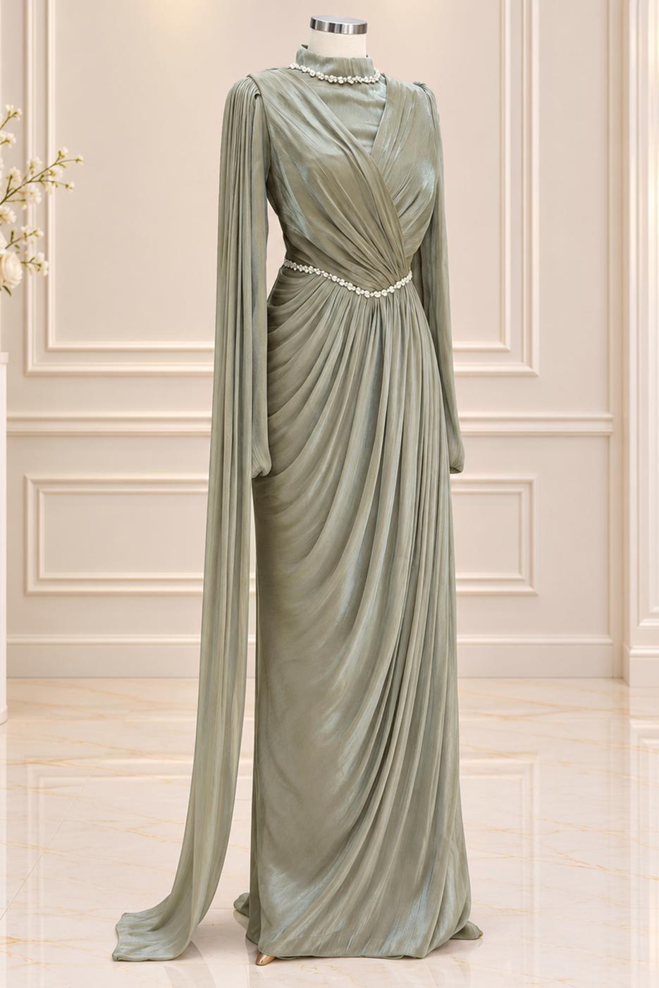 Vêtements hijab VERT ROBE DE SOIRÉE DRAPÉE T 4863