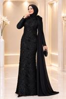 Tesettür giyim SİYAH T 8763 AH PELERİN DETAYLI ABİYE ELBİSE