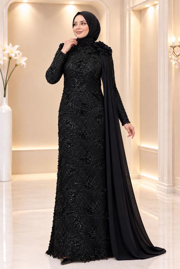 Tesettür giyim SİYAH T 8763 AH PELERİN DETAYLI ABİYE ELBİSE - TRENDTESETTÜR