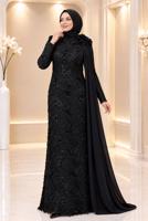 Tesettür giyim SİYAH T 8763 AH PELERİN DETAYLI ABİYE ELBİSE