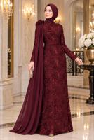 Tesettür giyim BORDO PELERİN DETAYLI ABİYE ELBİSE T 8763